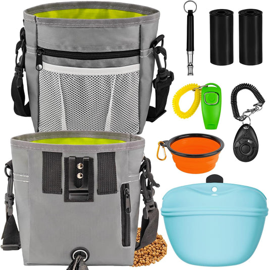 Dog Treat Pouch for Training -6 PCS Dog Training Treat Bag with Clicker, Poop Bag Dispenser, Whistle, Collapsible Bowl, Silicone Pouch, Adjustable Waist Pack for Dog Walk, Park, Outdoor Charcoal Gray